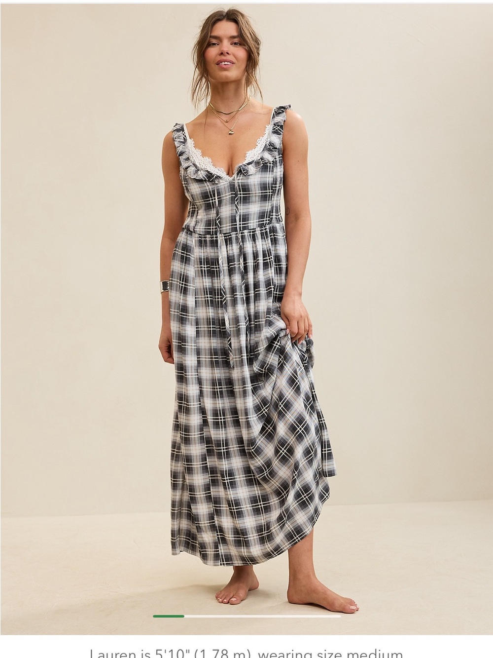 aerie Black and White Plaid Lace-Trim Maxi Dress